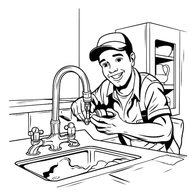 Plumber in the kitchen Black and white vector illustration for coloring book