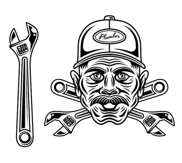 Plumber man head with mustache in cap hat and adjustable wrench vector objects or design elements in monochrome style isolated on white