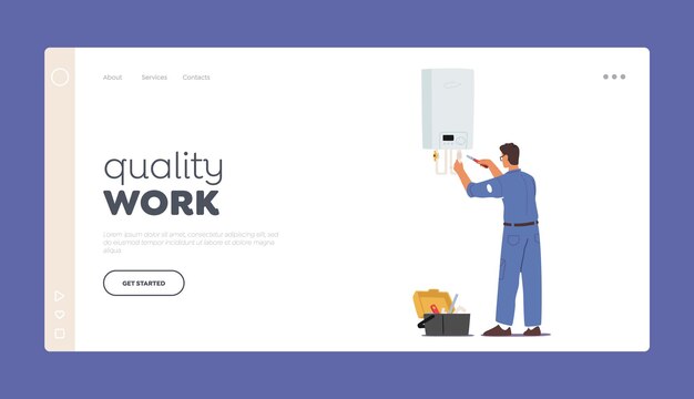 Plumber quality work landing page template. call master character in robe install smart heater. husband for an hour repair service, worker handyman fixing broken technics. cartoon vector illustration