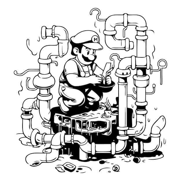 Водопроводчик ремонтирует трубы Векторная иллюстрация водопроводчика, ремонтирующего трубы