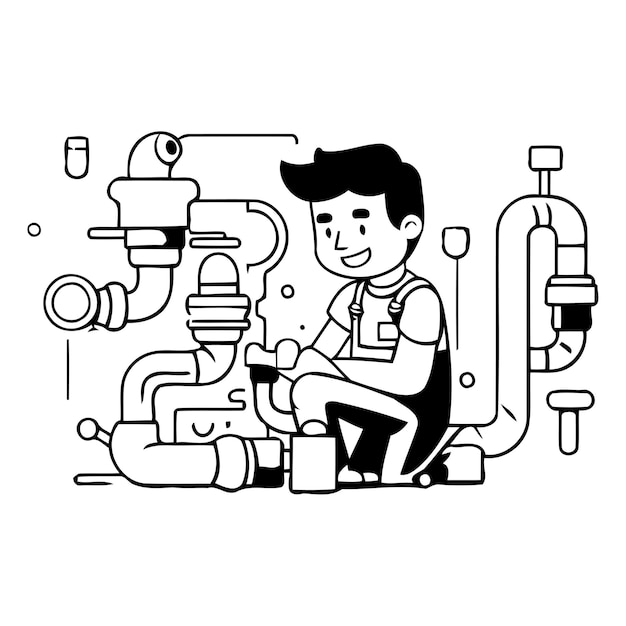 Vector plumber repairing water pipes vector illustration in flat cartoon style