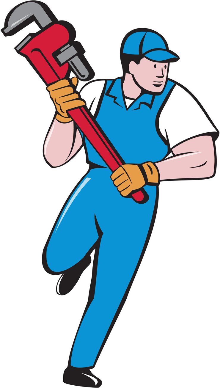 Vector plumber running pipe wrench cartoon