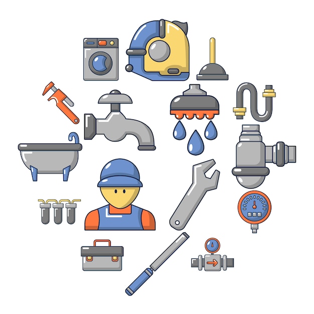 Plumber symbols icon set, cartoon style