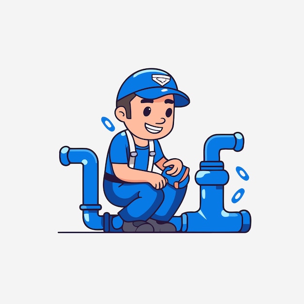 Plumber in uniform and cap repairs water pipe Vector illustration