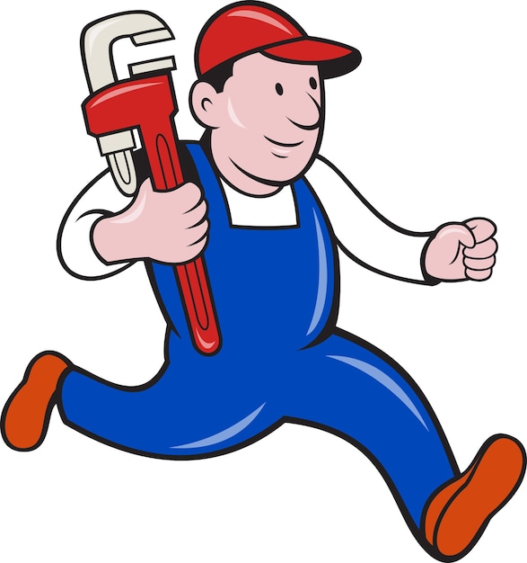 Vector plumber with monkey wrench cartoon