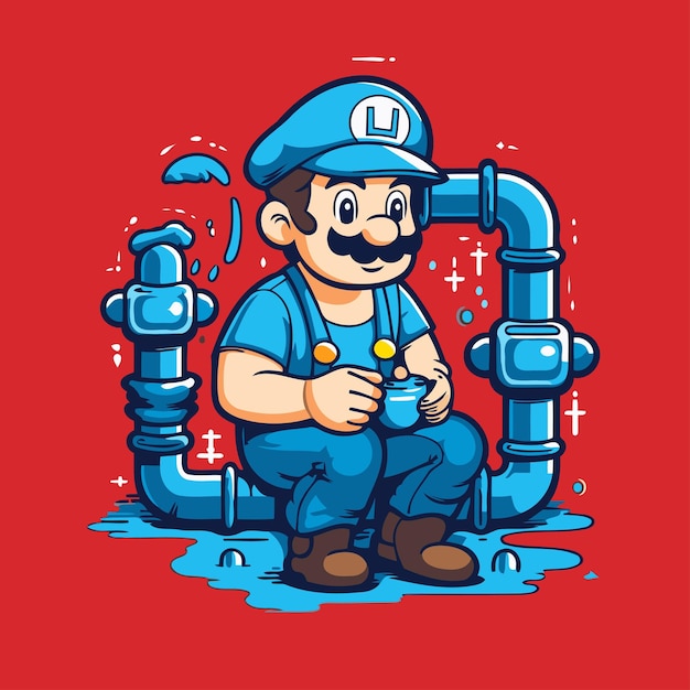 Plumber with pipe Vector illustration Isolated on red background