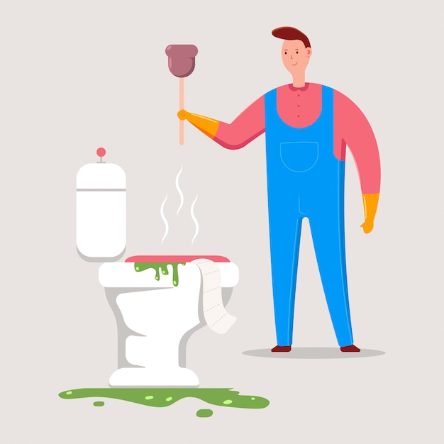 Vector plumber with plunger vector cartoon illustration.