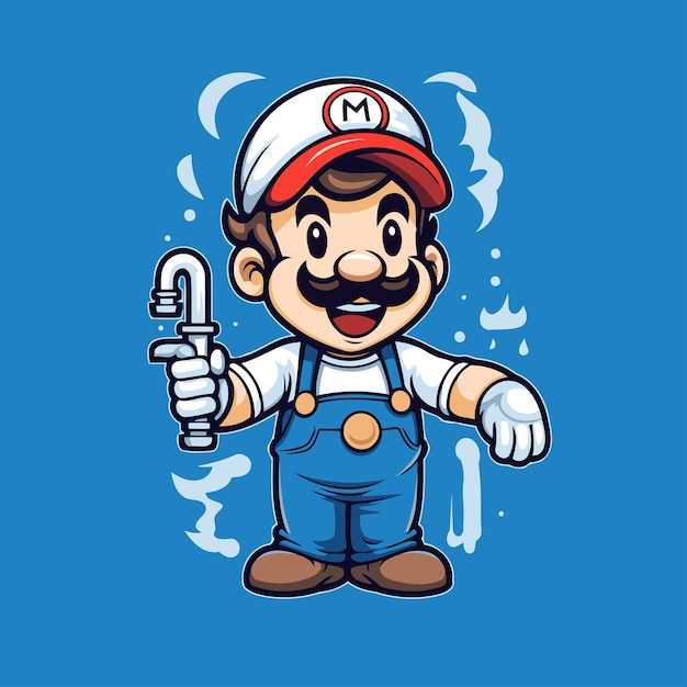 Vector plumber with wrench cartoon mascot isolated on blue background vector illustration