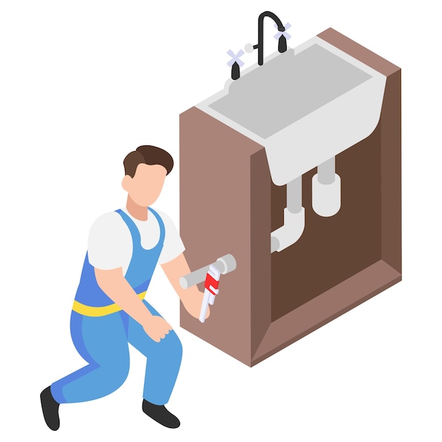 Vector plumber with wrench and fixing kitchen faucet concept plumber equipment handyman service works