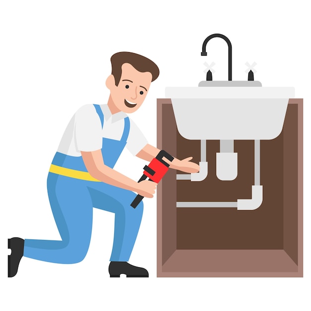 Plumber with Wrench and Fixing Kitchen Faucet Concept Vector Icon Design, Plumber equipment Symbol