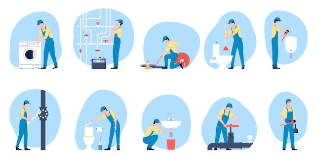 plumbers working repair pipes and toilet technician in bathroom plumbing and construction handyman service flat professionals recent vector characters