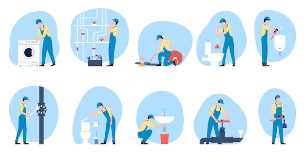 Plumbers working repair pipes and toilet Technician in bathroom plumbing and construction Handyman service flat professionals recent vector characters