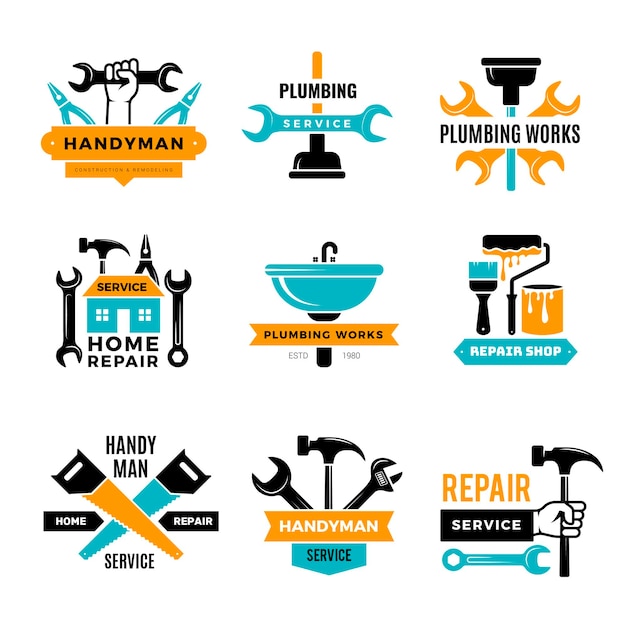 Plumbing badges Home renovation logo handyman domestic bathroom repair recent vector construction symbols