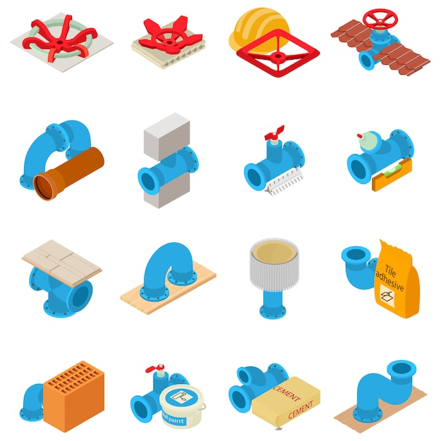 Plumbing icons set, isometric style