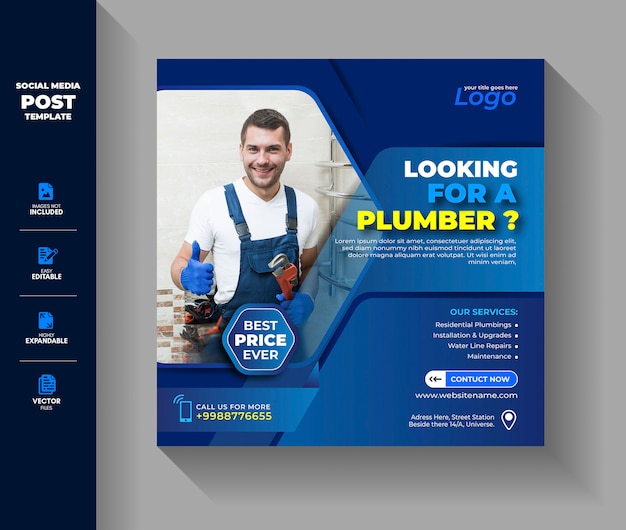 Plumbing Plumber Social Media Post Instagram Banner Template