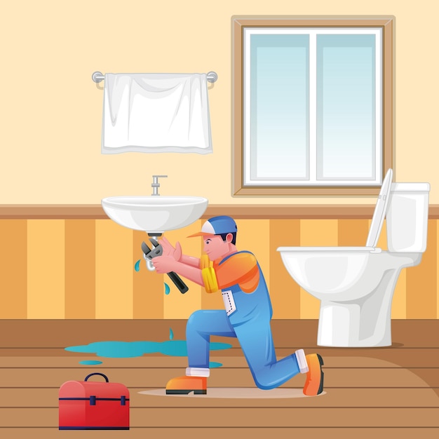 Vector plumbing repair service set maintenance worker water mechanic pumbing shower bathtub and sink drain