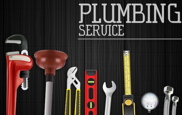 Vector plumbing service banner with plumbing repair tools set