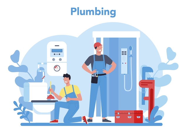 Vector plumbing service concept. professional repair and cleaning of plumbing and bathroom equipmen. vector illustration.