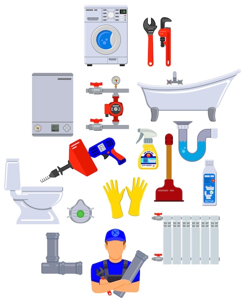 Vettore servizio idraulico infografica installazione pulizia e riparazione con strumenti idraulici e icone piatte del dispositivo illustrazione vettoriale isolata