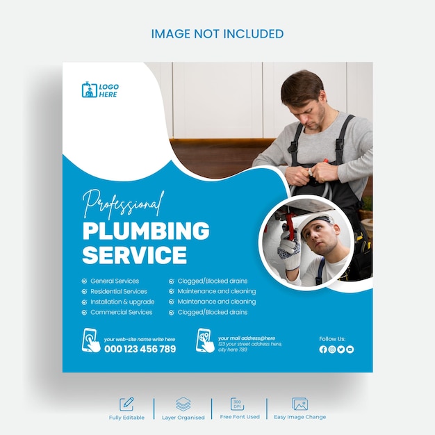 Plumbing service Instagram post and social media banner ads template design