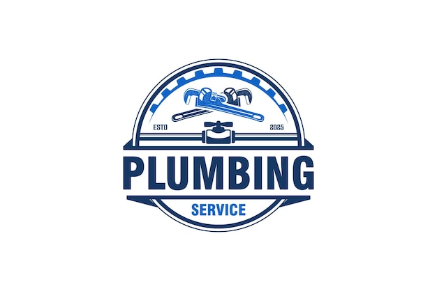 Plumbing service logo design emblem badge industrial home service with tap wrench pipe gear element