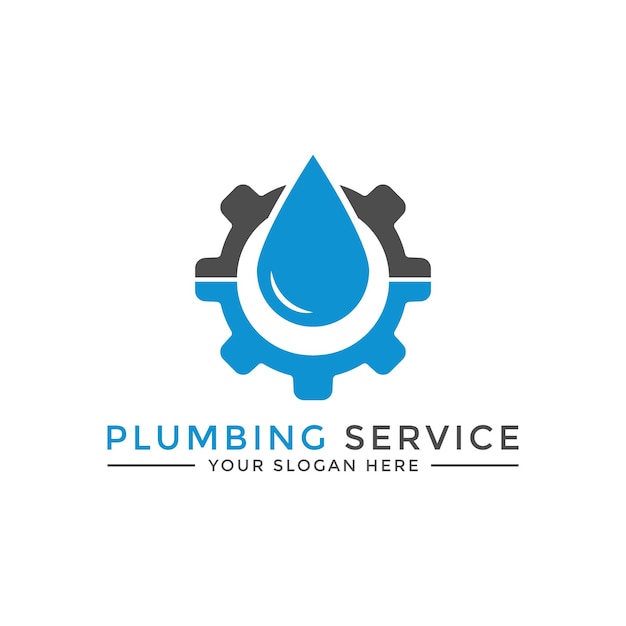 Vettore modello di progettazione del logo del servizio idraulico con simbolo dell'ingranaggio e goccia d'acqua