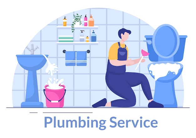 Plumbing service with plumber workers repair, maintenance fix home and cleaning bathroom equipment in flat background illustration