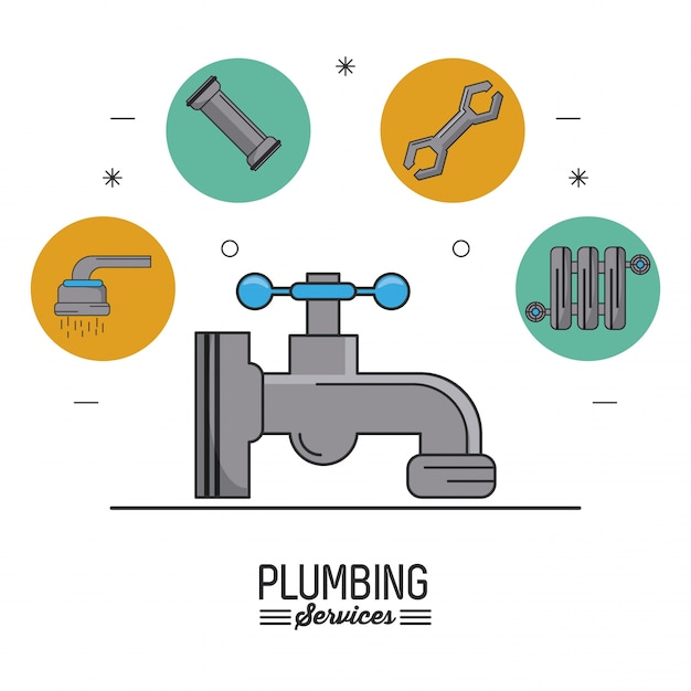 plumbing services with faucet in closeup and plumbing icons on top
