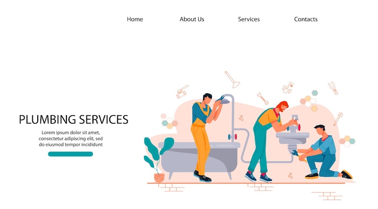 Vector plumbing website page template with plumbers team characters working with pipeline flat vector illustration emergency service of water supply and sewerage