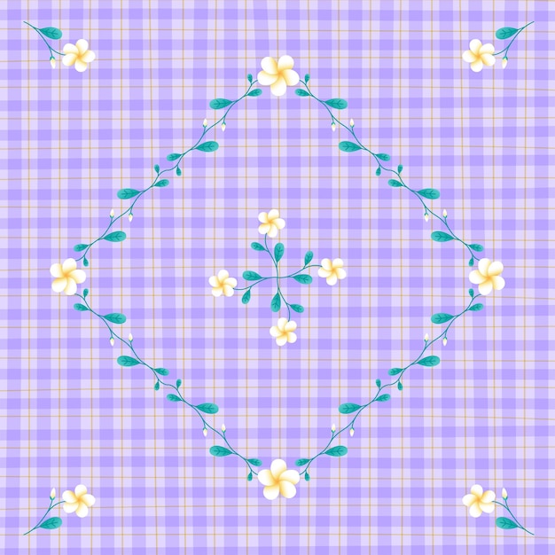 Plumeria frangipani flower lilac purple gingham pattern background editable stroke vector illustrate