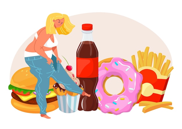 Vector plump woman character angry overweight concept fast food addiction hamburger french fries sweets