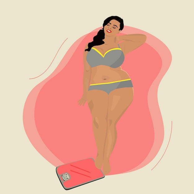 Plump woman is weighed on a floor scales