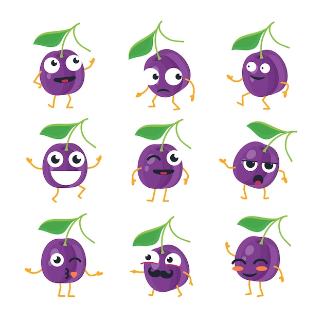 Plums - vector isolated cartoon emoticons. Funny emoji set with a nice character. A collection of an angry, surprised, happy, confused, kissing, crazy, laughing, sad, tired fruit on white background