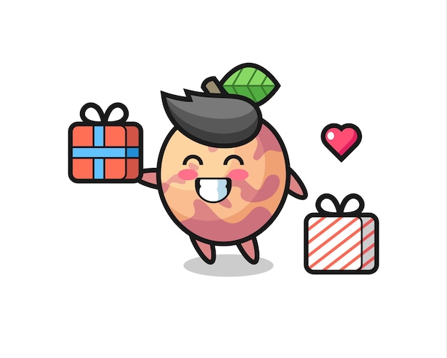 Pluot fruit mascotte cartoon die het geschenk geeft, schattig stijlontwerp voor t-shirt, sticker, logo-element