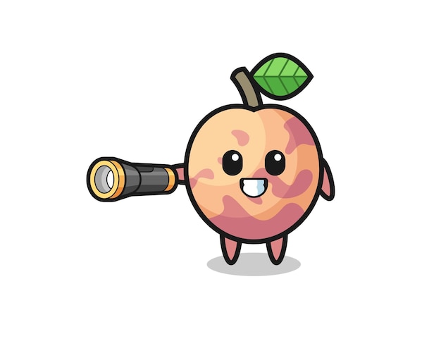 Pluot fruitmascotte met zaklamp schattig ontwerp