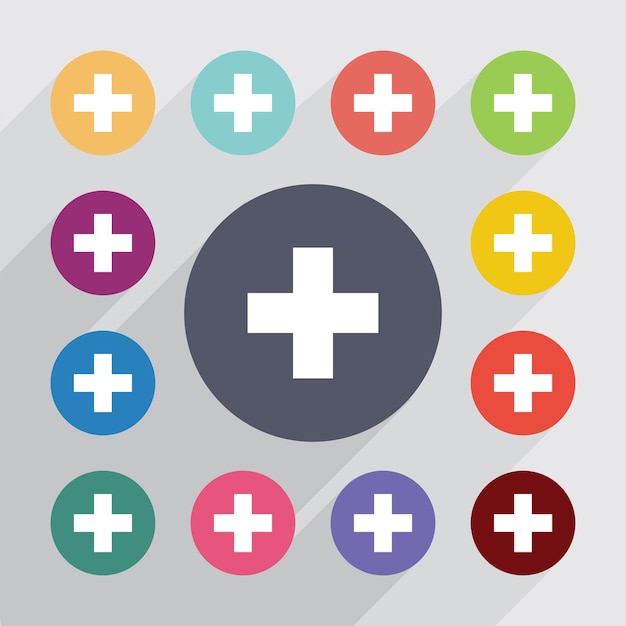 Plus medical, flat icons set. Round colourful buttons. Vector