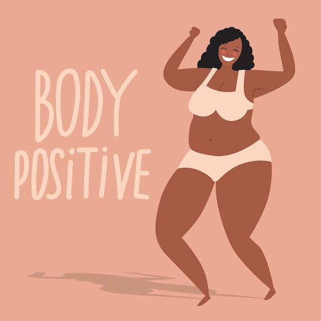 Vector plus size african american woman dressed in underwear. body positive. international women's day