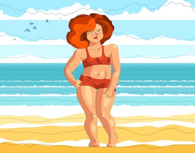 Plus size attractive and sexy woman posing at the beach in front of the sea, vector illustration concept of body positivity health and happiness, love your body idea.