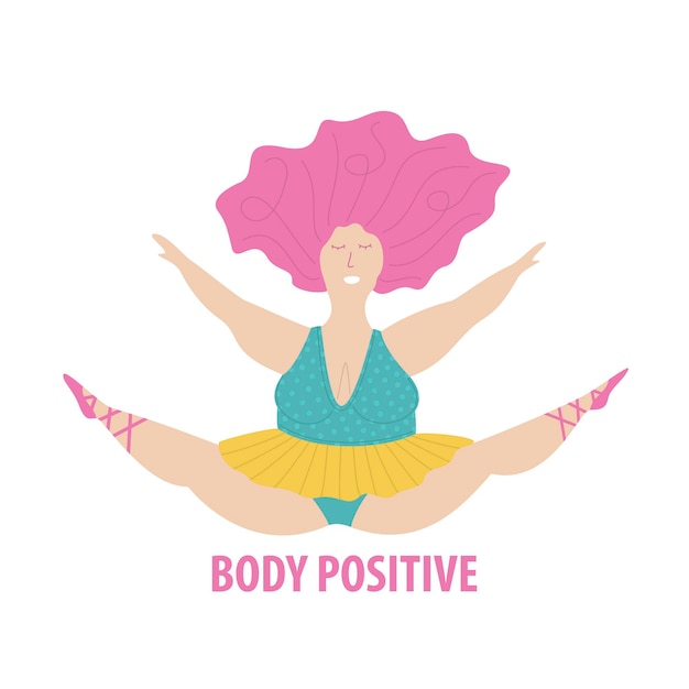 Plus size jumping ballerina. Body positive concept. Flat vector illustration isolated on white background.