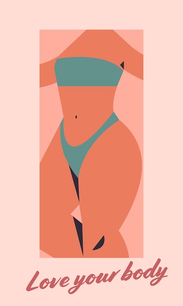 plus size meisje in bikini overgewicht vrouw staande pose hou van je lichaam concept close-up portret verticale vectorillustratie