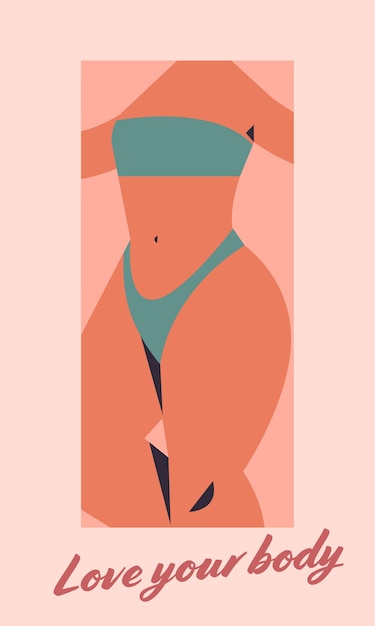 Vector plus size meisje in bikini overgewicht vrouw staande pose hou van je lichaam concept close-up portret verticale vectorillustratie