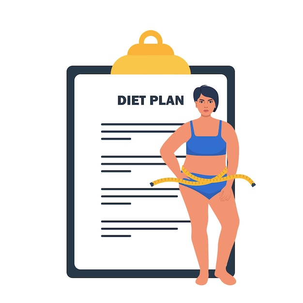 Plus size vrouw in ondergoed staande voor grote dieetplan checklist Vector illustratie