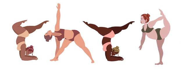 Plus size women of different nationalities practice yoga and sports.