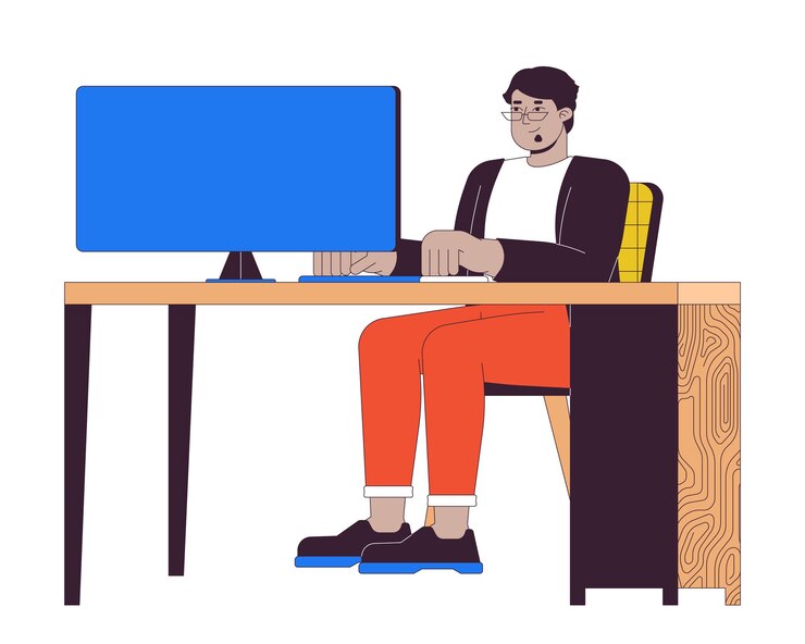 Vector plus sized arab man at computer 2d linear cartoon character
