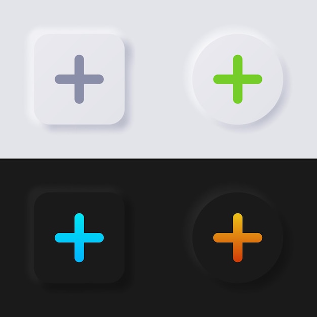 더하기 기호 단추 아이콘은 웹 디자인 응용 프로그램 Ui 등을 위한 다중 색상 뉴모피즘 단추 소프트 Ui 디자인을 설정합니다.