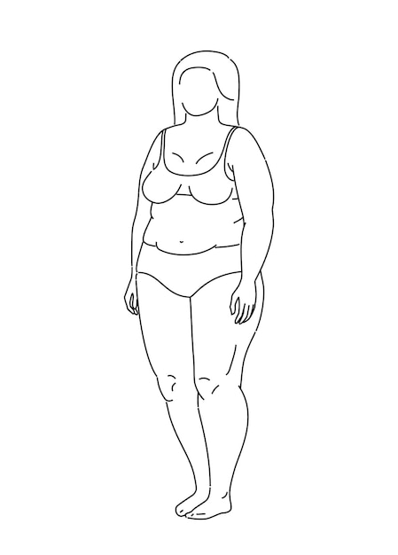 Plussize woman set of big chubby body positive woman with fat curvy figures attractive female standing in lingery vector line sketch illustration