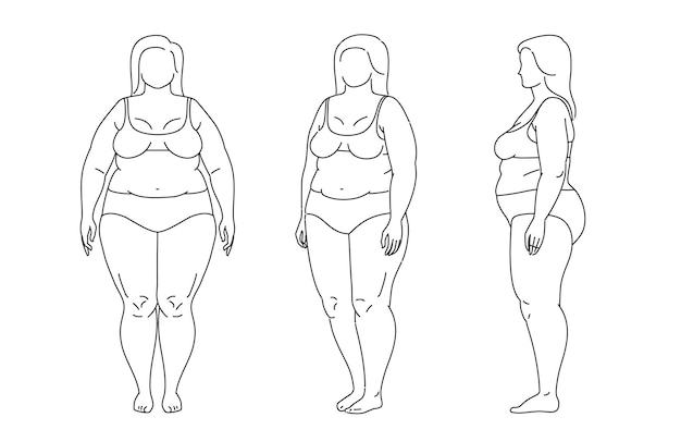 Вектор Женщина больших размеров векторный набор большого пухлого тела позитивная женщина с толстыми пышными фигурами привлекательная женщина, стоящая в нижнем белье эскиз векторной линии иллюстрация