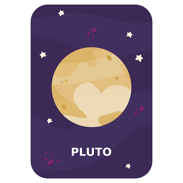 Vector pluto vector space flash card english language game with cute astronaut rocket planet comet alien for kids astronomy flashcards with funny characters simple educational printable worksheet