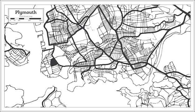 복고 스타일 개요 지도에서 흑백 색상의 플리머스 영국 도시 지도