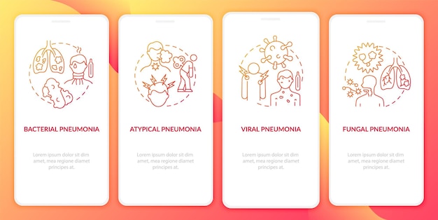 pneumonia categorization onboarding mobile app page screen. atypical infection walkthrough 4 steps graphic instructions with concepts. ui, ux, gui vector template with linear color illustrations